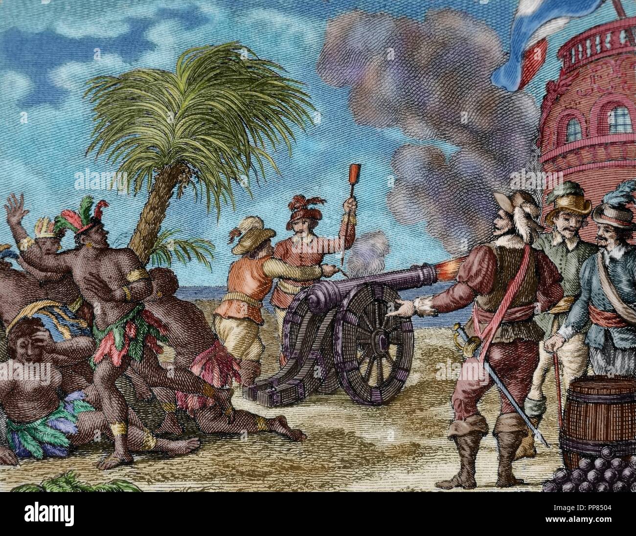 Tierra del Fuego. The ruler of the natives of the Hornos island, along with the Dutch Willem Cornelisz Schouten and Jacob Le Maire, is surprised by the firing of a cannon. Engraving, 1807. Colored. Stock Photo