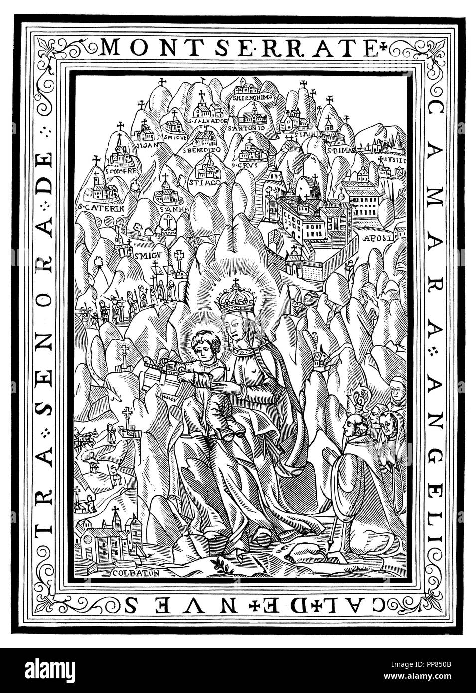 Nuestra señora de Montserrat con el niño Jesús serrando las montañas. Grabado del siglo XVI. Facsímil de 1877. Stock Photo