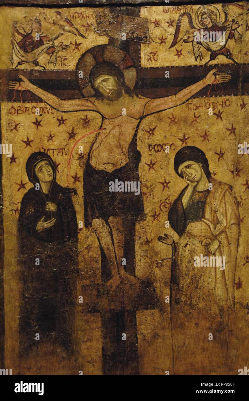 Byzantine art. Eastern Roman Empire. Icon. Crucifixion. 9th-13th century. Byzantine Museum. Athens. Greece. Stock Photo