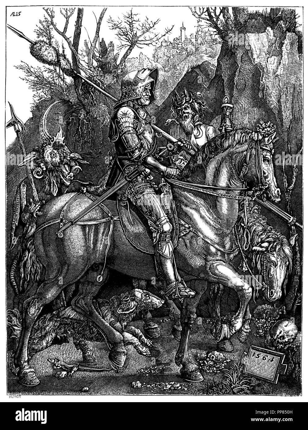 Caballero de la muerte. Dibujo de Alberto Durero. Grabado de 1564. Facsímil de 1877. Stock Photo