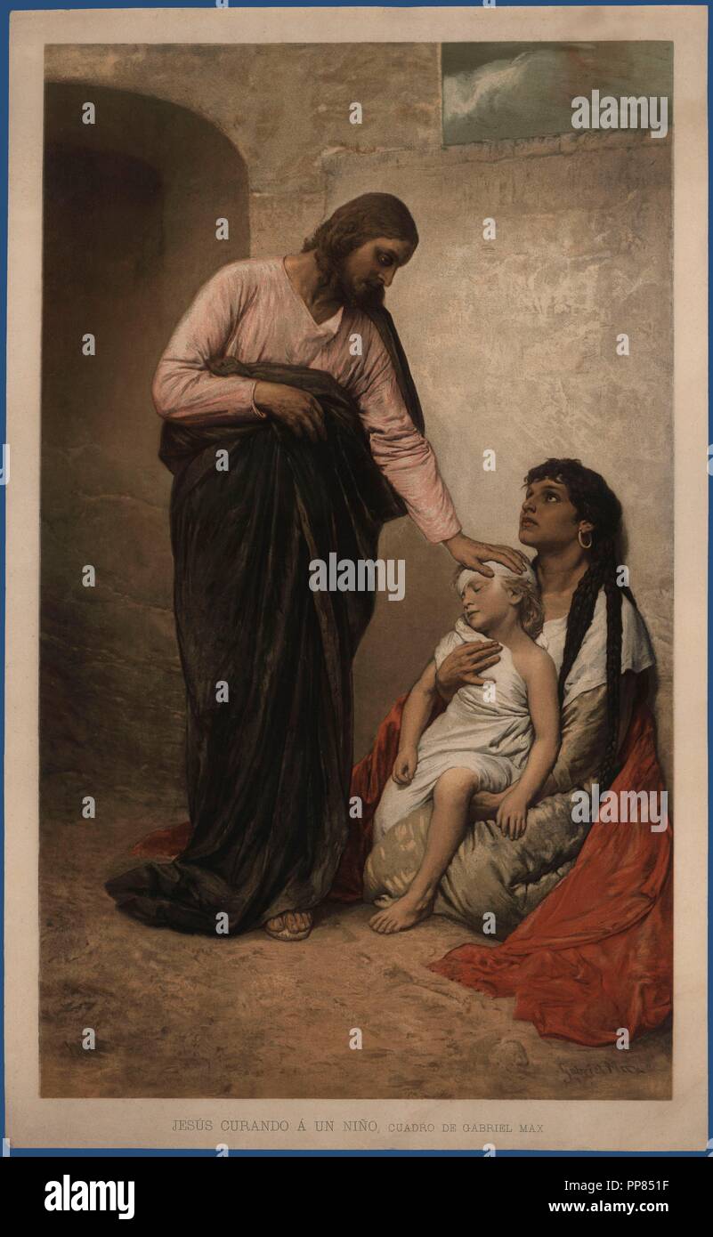 Jesús curando a un niño. Reproducción de una obra de Gabriel Cornelius Max (1840-1915), pintor checo de origen austríaco. Stock Photo