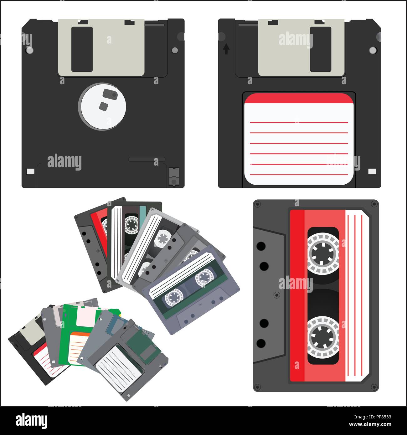 Vector illustration of vintage audio tapes and diskettes. Stock Vector