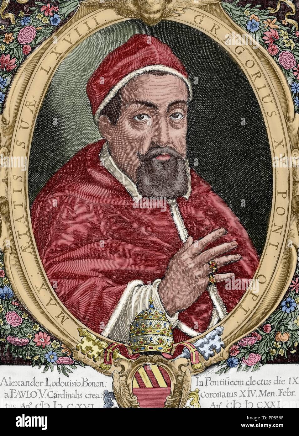 Pope Gregory XV (1554-1623). Born Alessandro Ludovisi. Engraving by Peter Isselburg (1580-ca.1630). Colored. Stock Photo