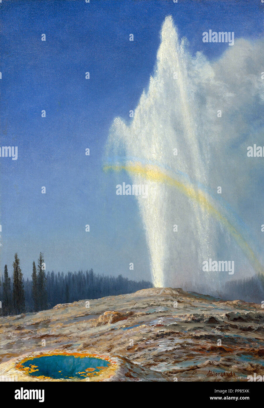 Old Faithful geyser in Wyoming's Yellowstone National Park by Albert Bierstadt Stock Photo