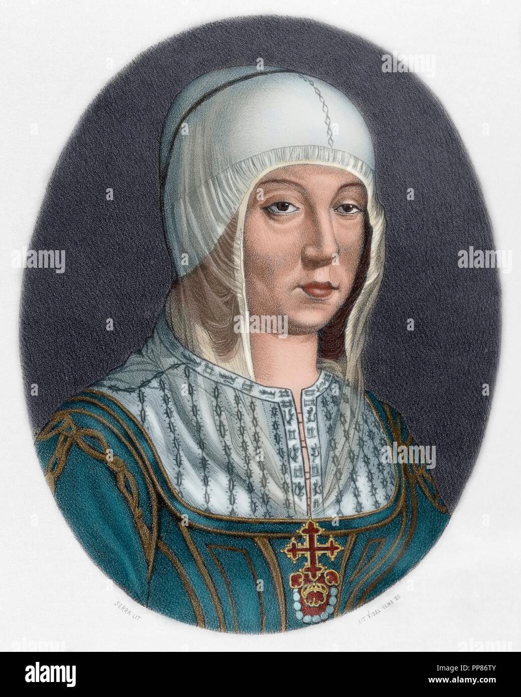 Isabella I of Castile (1451-1504). Queen of Castile. Engraving in Spain Illustrated History, 19th century. Colored. Stock Photo