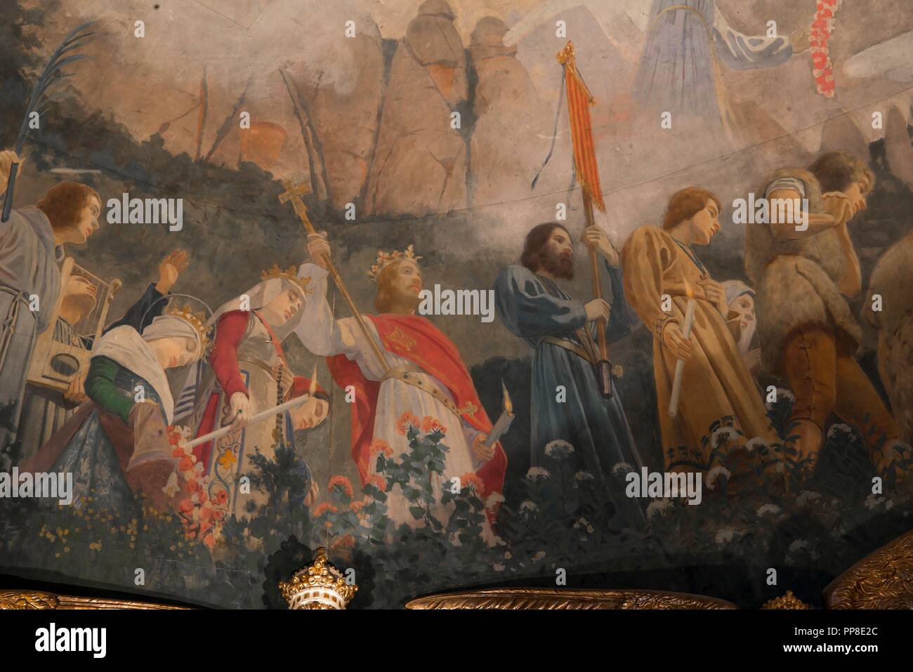 Detalle del Apoteosis de la Virgen, 1896-1898. Pintura mural de la cúpula del cambril de la Virgen. Monasterio de Montserrat. Cataluña. Author: LLIMONA, JOAN. Stock Photo