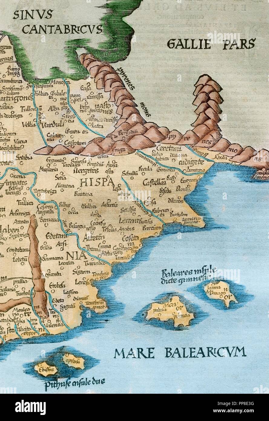 Claudius Ptolemy (100-170 AD) Mathematician, astronomer, geographer and astrologer. Catalonia with the distribution of the original tribes. Engraving in 'Geographiae e narrations', 1535. Colored. Stock Photo