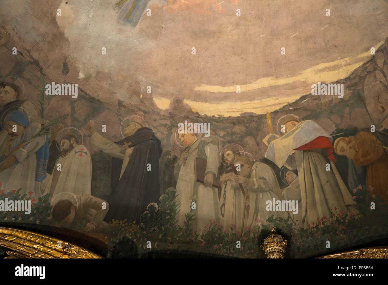 Detalle del Apoteosis de la Virgen, 1896-1898. Pintura mural de la cúpula del cambril de la Virgen. Monasterio de Montserrat. Cataluña. Author: LLIMONA, JOAN. Stock Photo
