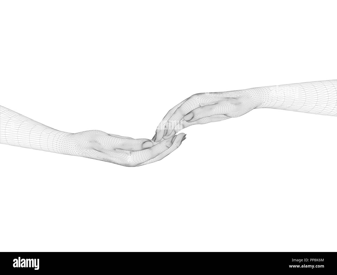 Two polygonal hands touch each other. 3D. Background with hands isolated. Vector illustration. Stock Vector