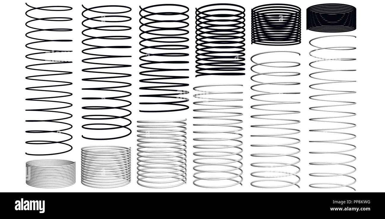 Set with springs 3D. Silhouettes of springs. Animation sequence of compression and expansion of springs. Vector illustration. Stock Vector