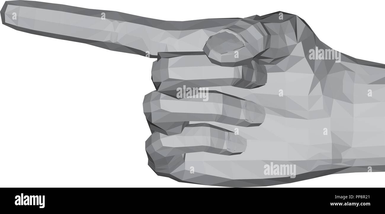 3D polygonal hand. The index finger of the hand points to the left ...