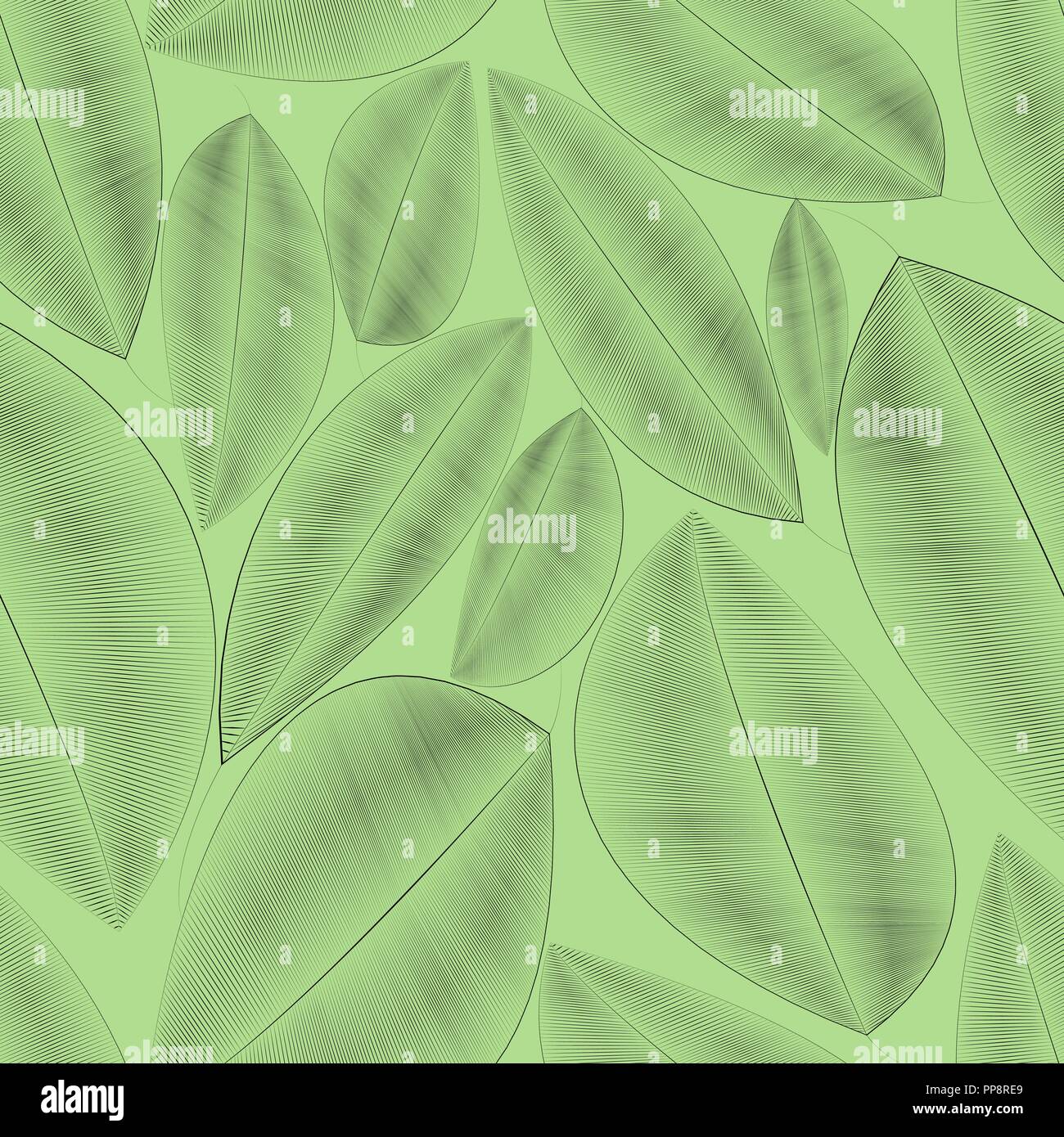 Seamless texture with leaves. Outlines of leaves on a green background