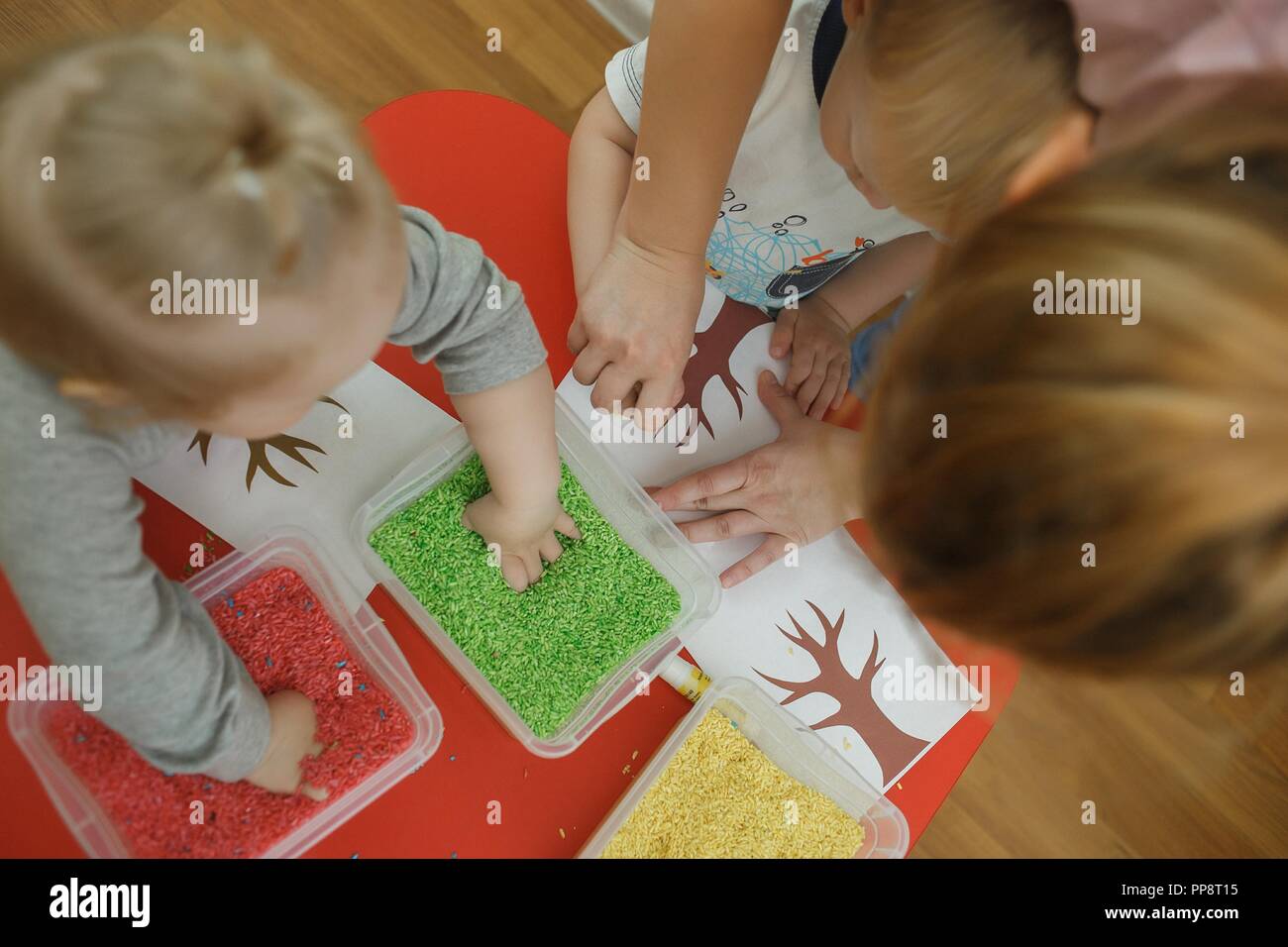 Group of children playing with colored rice from the sensory box ...