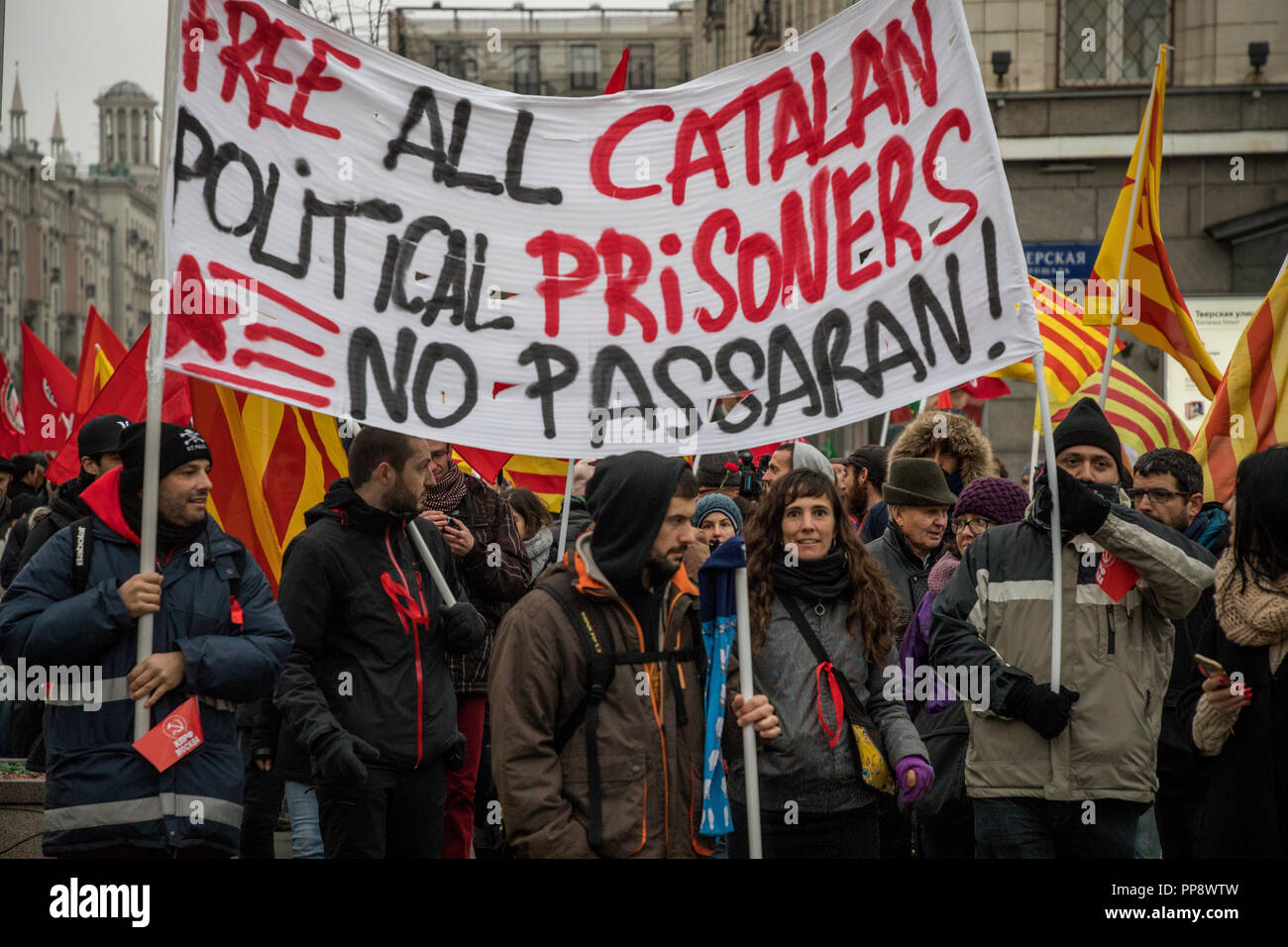 A banner shows support for Catalonia's political prisoners as supporters of the Communist Party of the Russian Federation (CPRF) from different countr Stock Photo