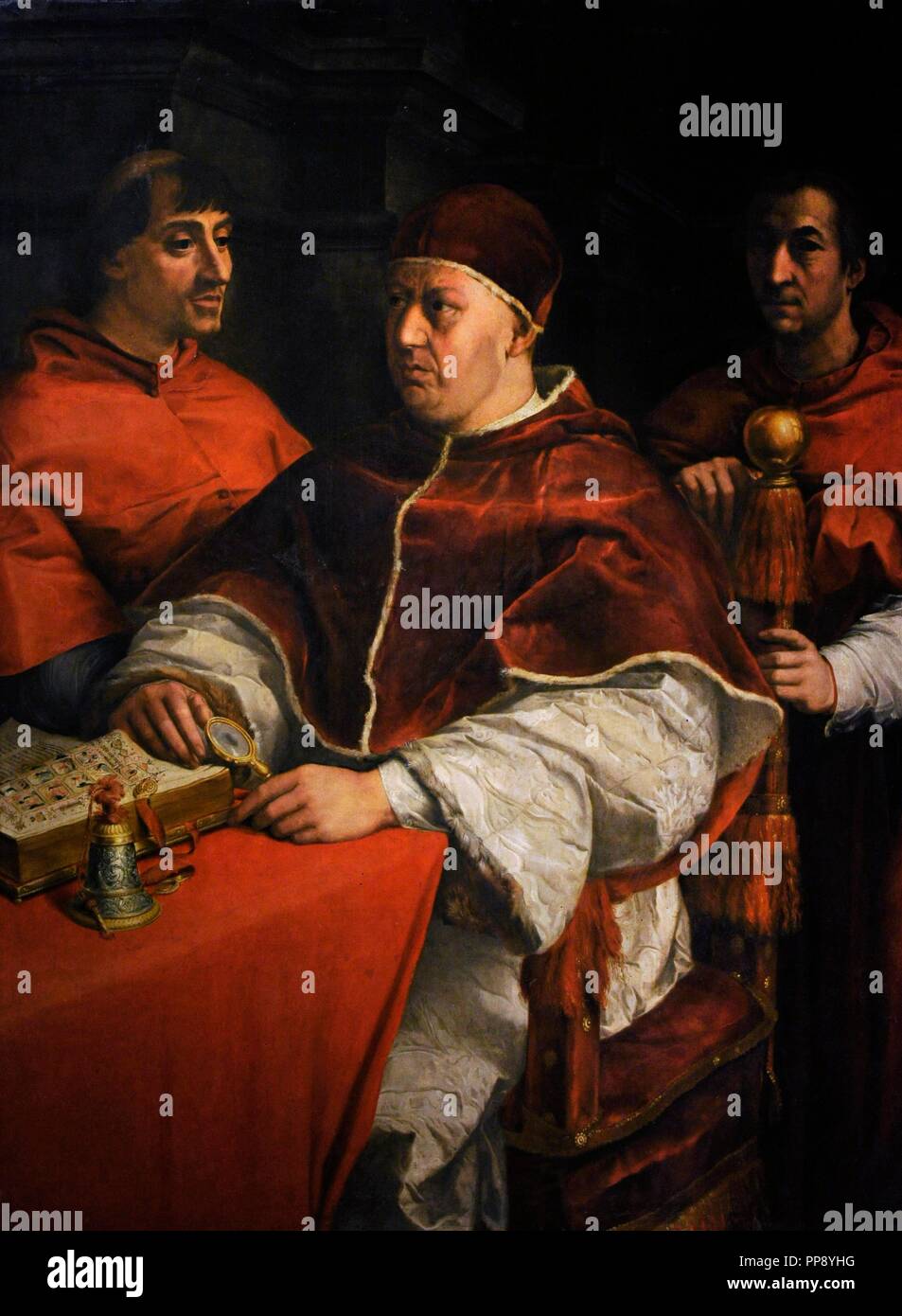 Pope Leo X (1475-1521). Portrait of Leo X with two cardinals, 1525. Painting by Andrea del Sarto (1486-1530), copy after Raphael. Farnese Collection. National Museum of Capodimonte. Naples. Italy. Stock Photo