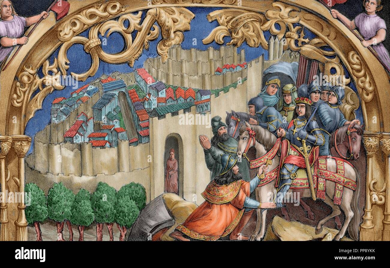Boabdil (1460-1527), the last Nasrid ruler of Granada, gives the keys of the city to the Catholic Kings. Lithograph by J. Parra Bachiller reproducing a scene from the choir stalls of the Cathedral of Toledo. Colored. Stock Photo