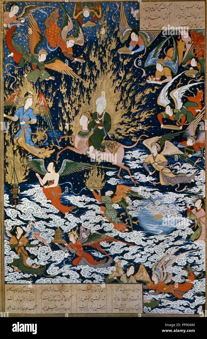 Illustration of the Mi'raj from the Khamseh, probably created by the court painter Sultan Muhammad. The ascent of Muhammad to heaven,1539-1543.Turkish and Islamic Arts Museum. Istambul. Turkey. Stock Photo