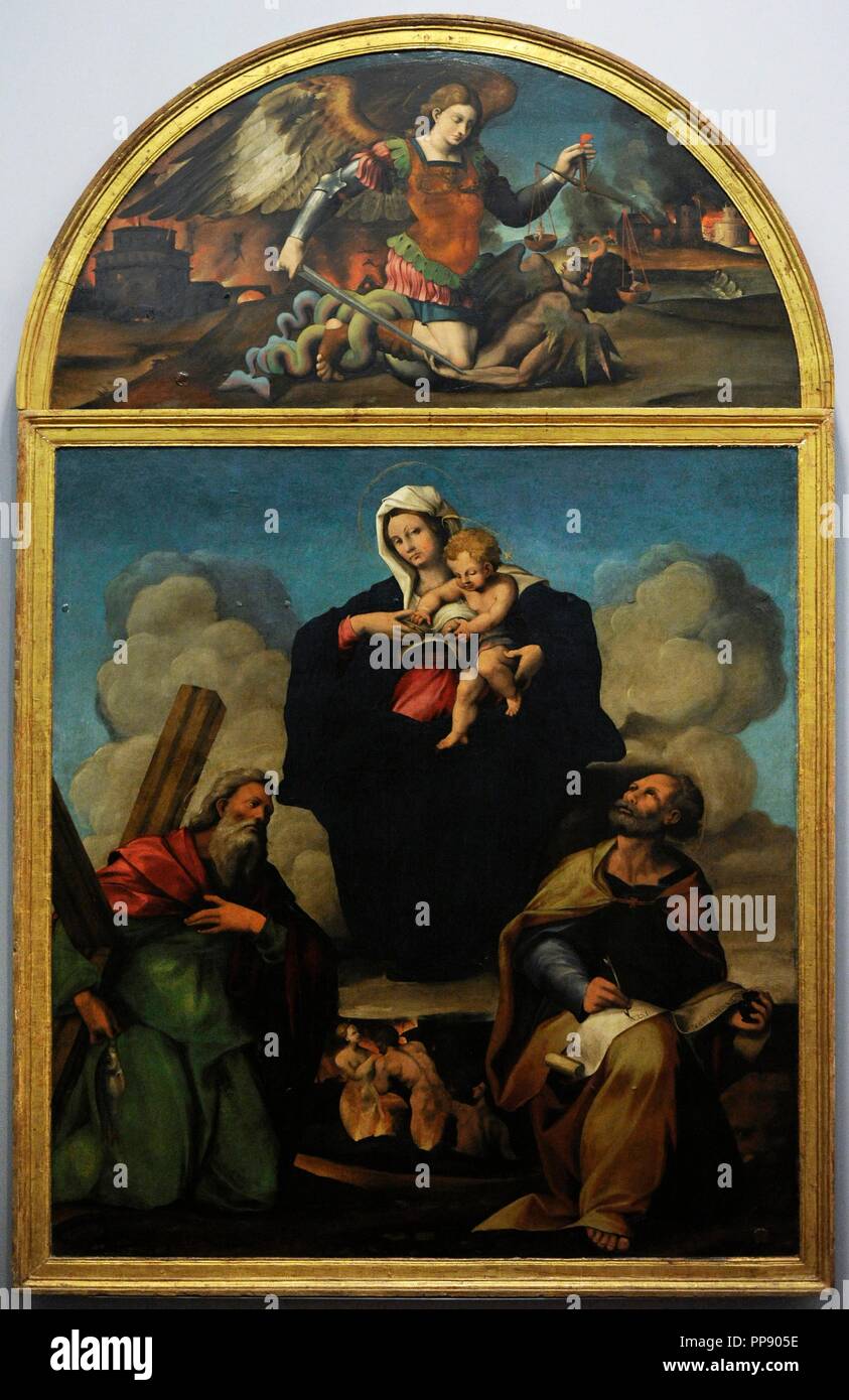 Marco Cardisco (1486-1542). Italian painer. Virgin with Mark the Evangeliest and Andrew the Apostle, 1527-30. Oil on wood. Museum of Capodimonte. Naples. Italy. Stock Photo