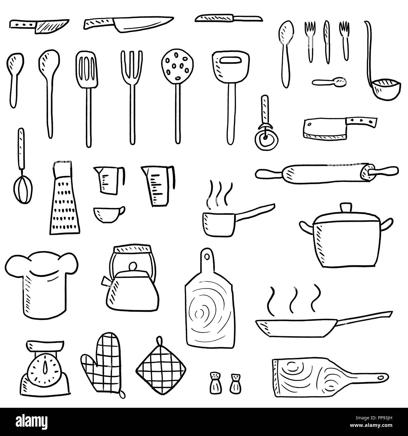 Kitchenware icons vector set. Cute kitchen utensils doodle hand drawn style  Stock Vector Image \u0026 Art - Alamy, image size:1300x1390