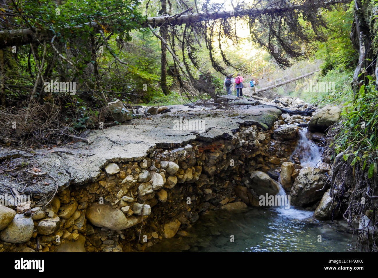 Mountain road destroyed after a landslide due to heavy rainfalls, Saint-Hugues de Chartreuse, Isere, France Stock Photo