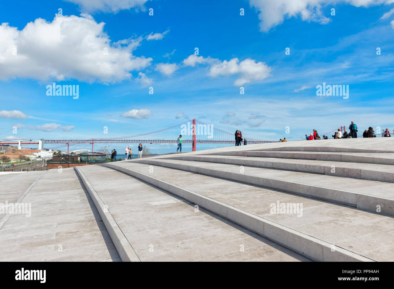 25 April Bridge, former Salazar bridge, over the Tagus river viewed from the top of the MAAT, Museum of Art Architecture and Technology, Lisbon, Portu Stock Photo
