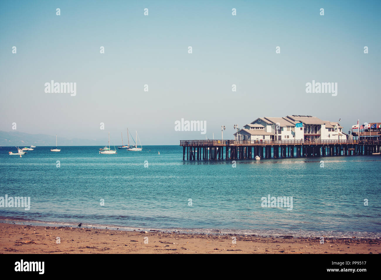 Stearns Wharf pier in Santa Barbara california retro vintage toned Stock Photo