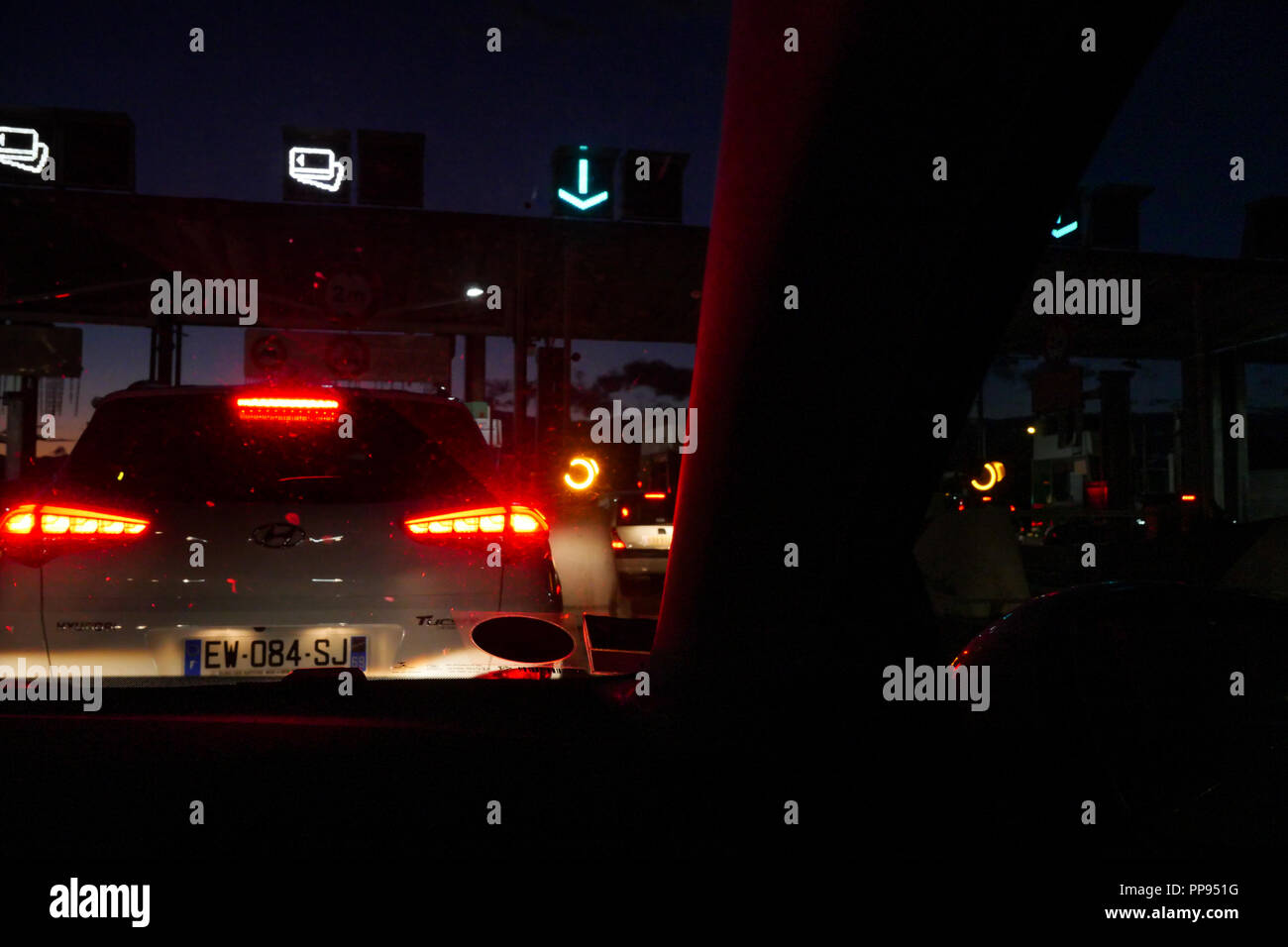 Night view of A48 highway toll, L'isle d'Abeau, Isere, France Stock Photo