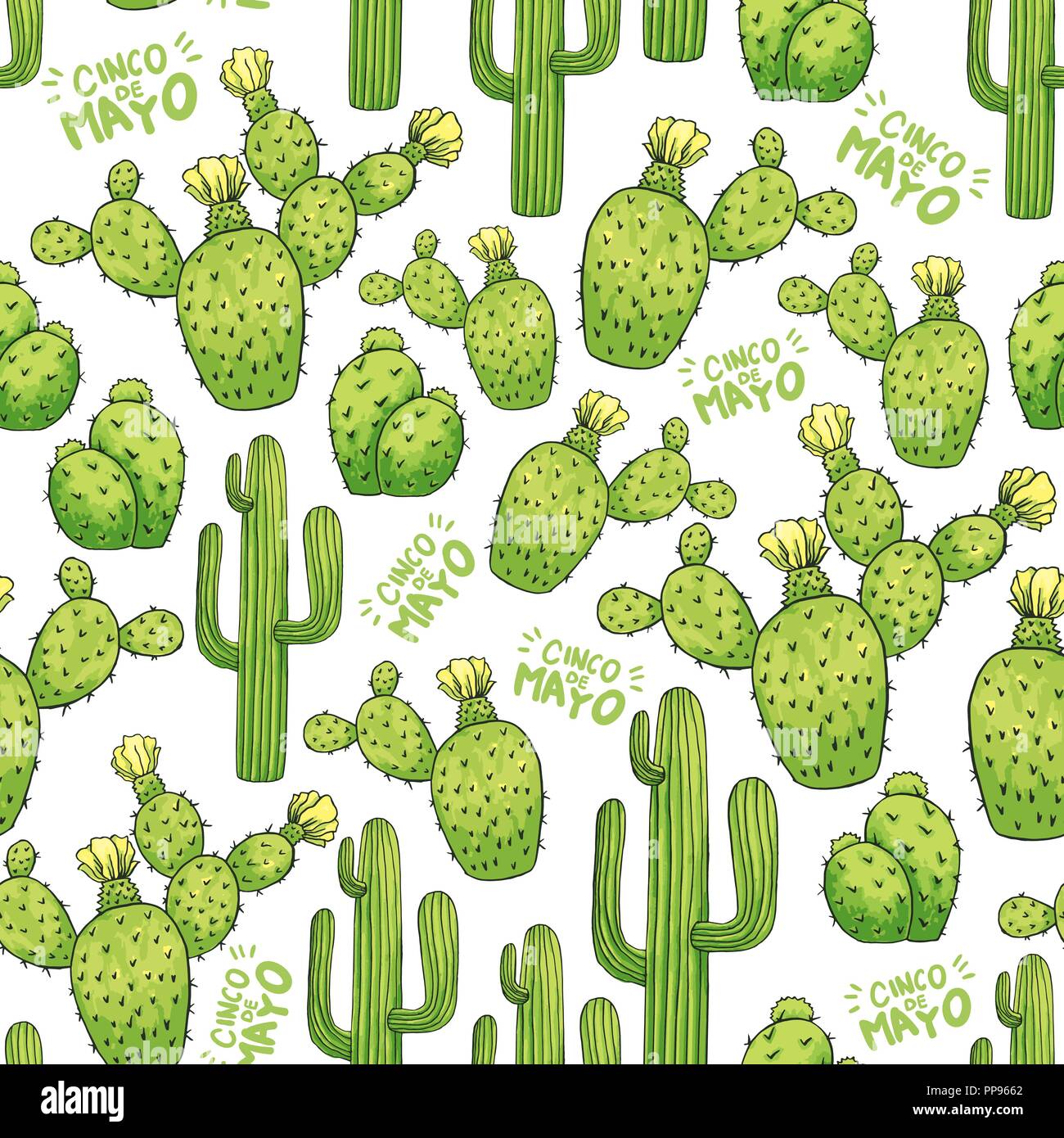 Mexican Cactus Seamless Pattern with Green Lettering Cinco De Mayo. Spines or Thorns and Flowers. Edible Esculent Cacti Like Saguaro, Indian Fig or Mammillaria. Latin theme Stock Vector