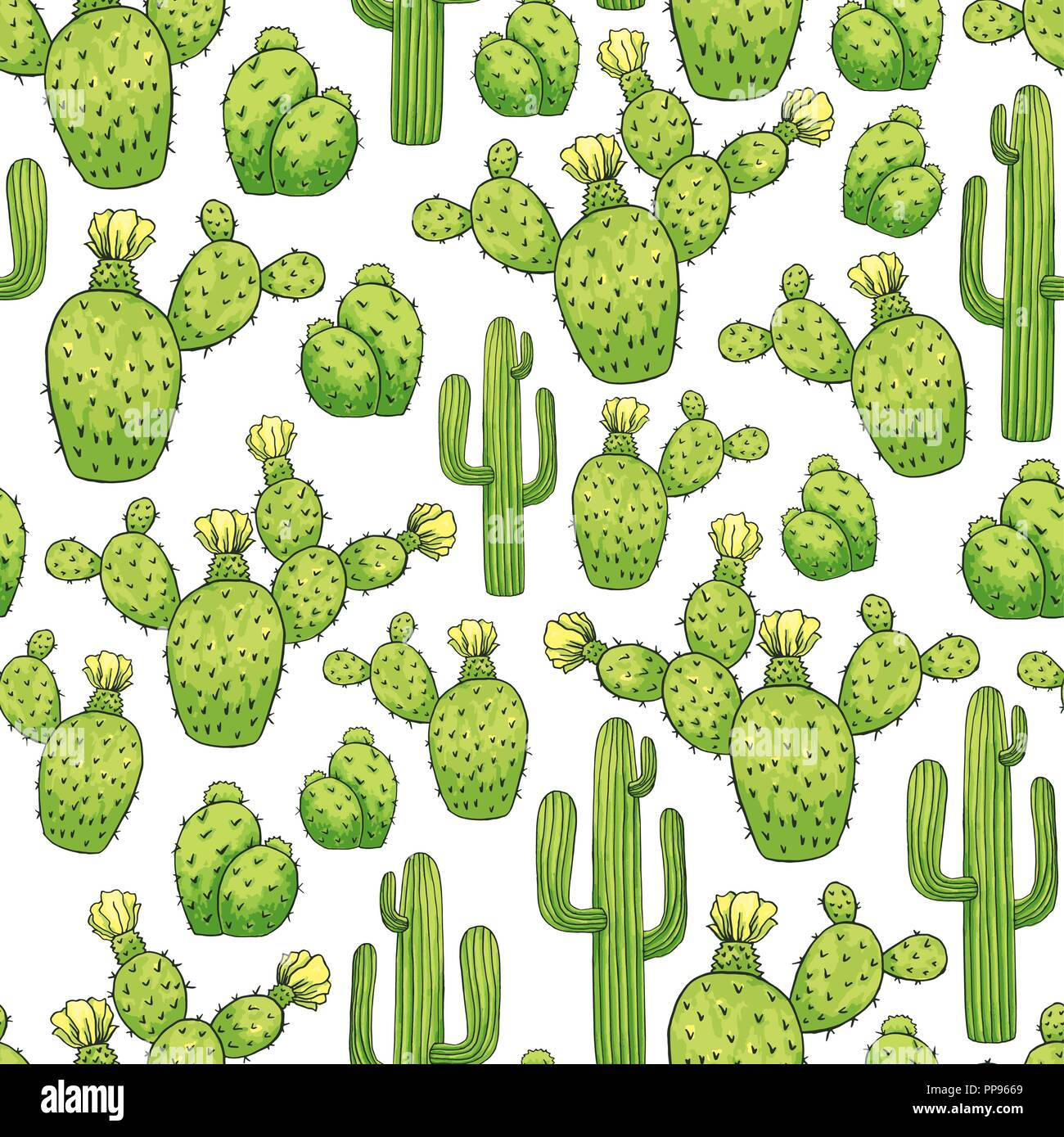 Mexican Cactus Seamless Pattern. Green Color. Spines or Thorns and Flowers. Edible Esculent Cacti Like Saguaro, Indian Fig or Mammillaria. Latin theme for Wallpaper or Fabric Textile Printing Design Stock Vector