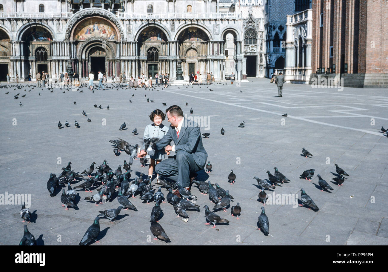 Tourists Feeding Pigeons , St Mark's Square, Venice, Italy, 1950's Stock Photo Alamy