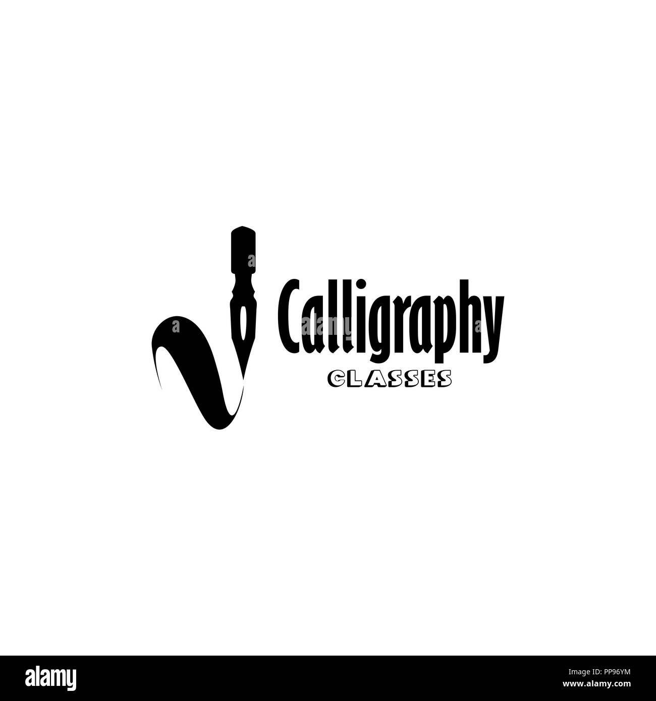 Calligraphy classes lettering logo isolated design. Online School with hand, calligraphic fonts. Black metal laser cut sign. Creativity logotype for shop layout or branding. Isolated vector Stock Vector