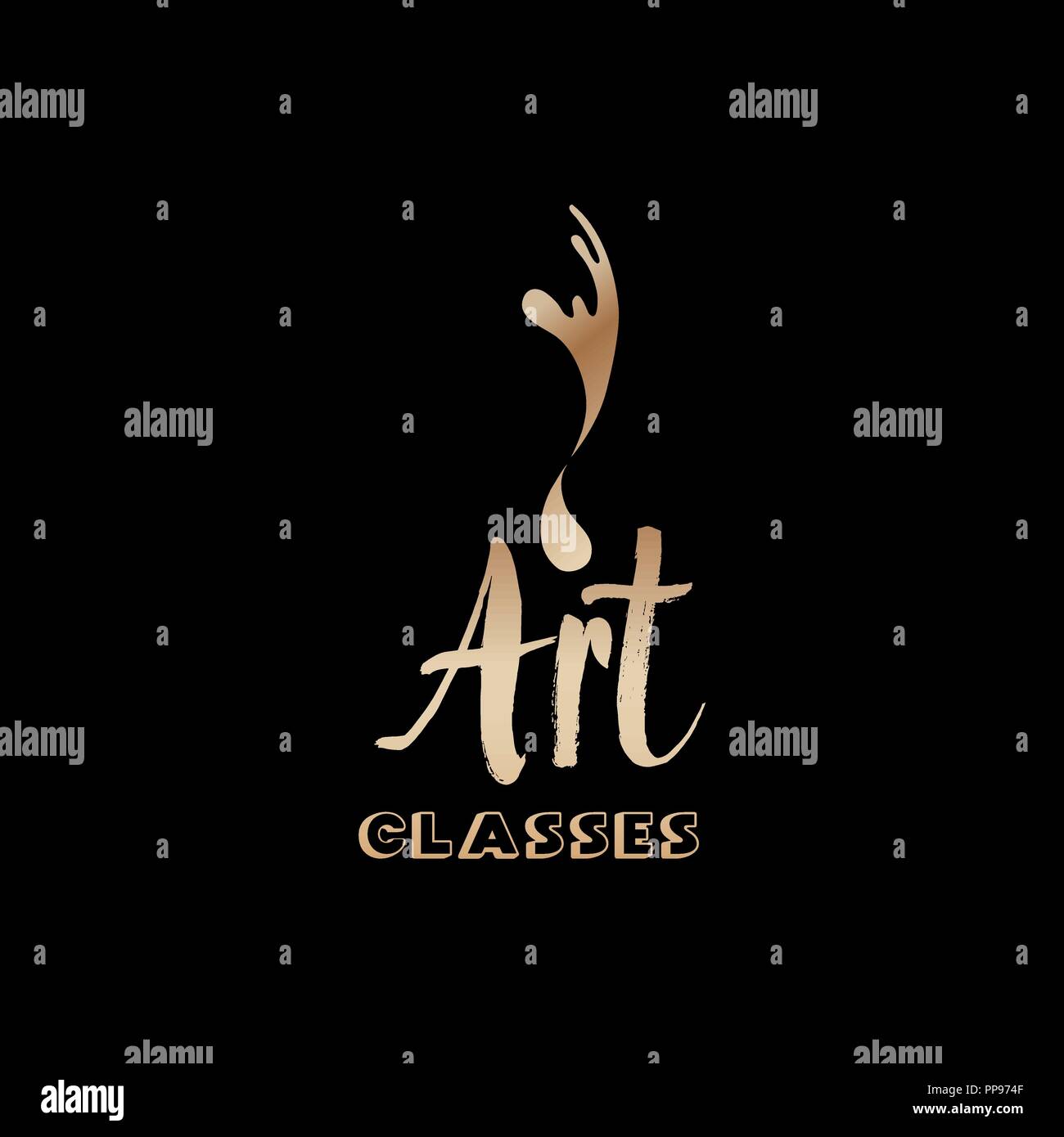 Art classes golden lettering logo design. Calligraphy school and masters with bronze handdrawn fonts. Gold metal sign on black background. Creativity logotype. Isolated vector Stock Vector