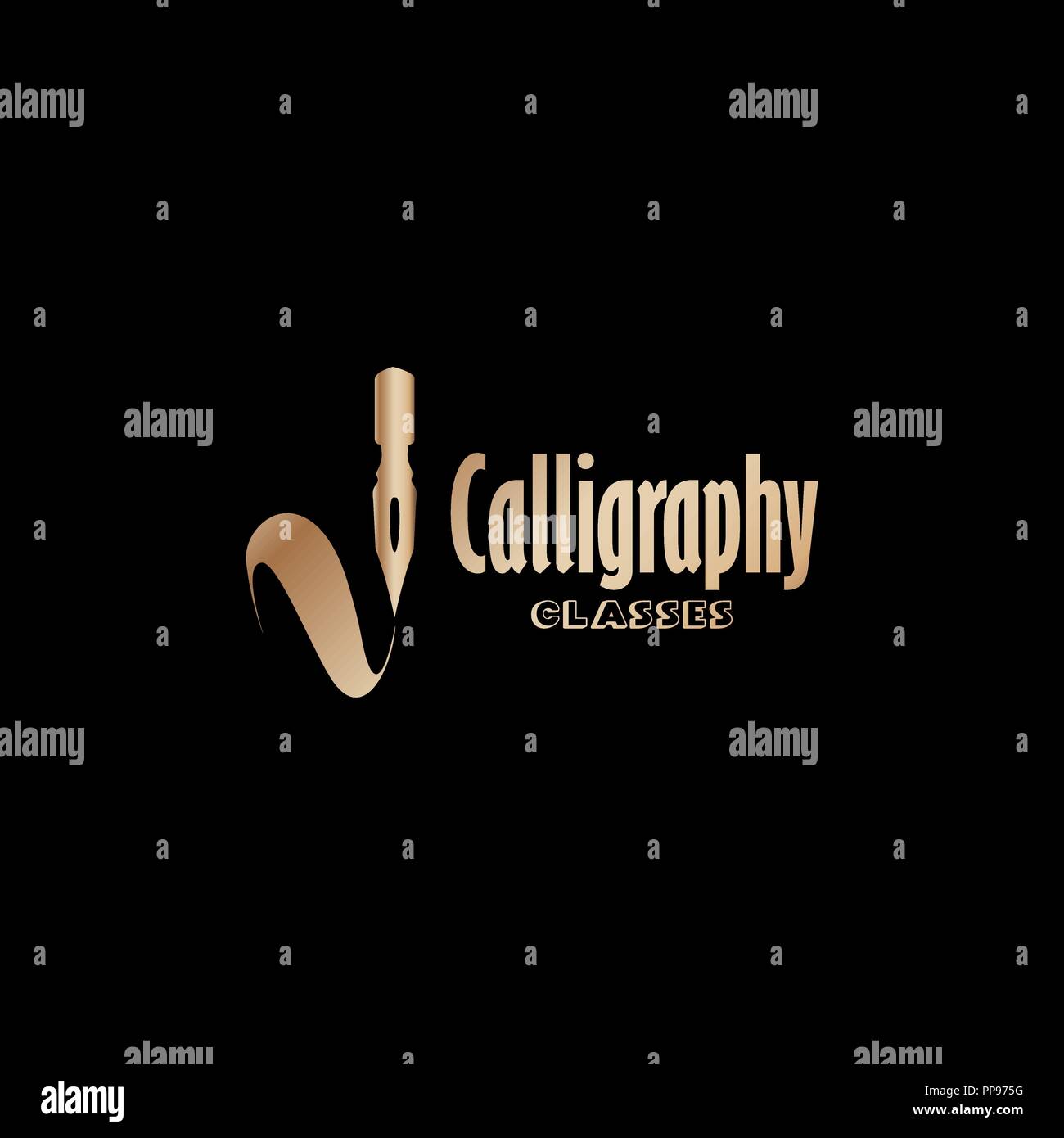 Art classes golden lettering logo design. Calligraphy online education and masters with bronze handdrawn fonts. Gold metal sign on black background. Creativity logotype. Isolated vector Stock Vector