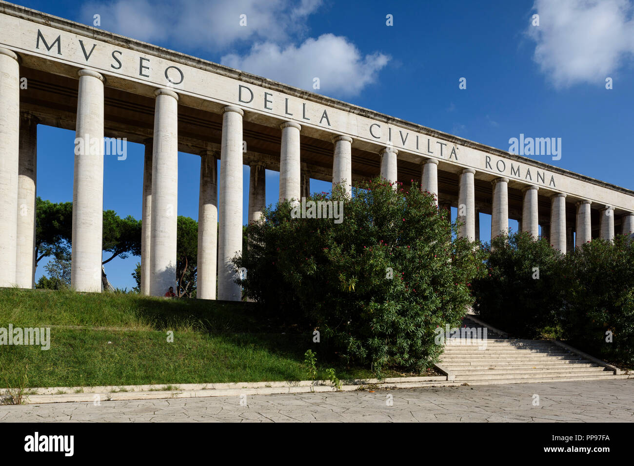 Rome. Italy. Museo della Civiltà Romana, Piazza Giovanni Agnelli, EUR. Museum of Roman Civilization. Exterior Colonnade.  Designed by the architects P Stock Photo