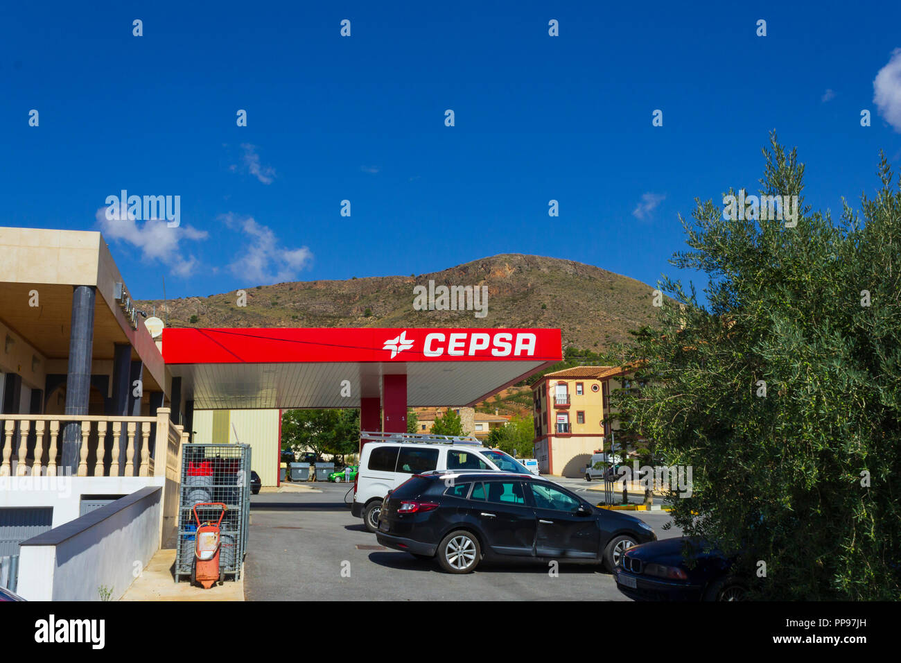 Cepsa garage in Oria a Small Rural town in Andalucia Spain Stock Photo