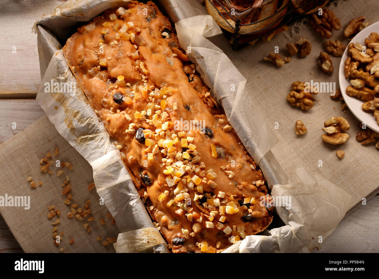 Easter fruit cake in baking mold with empty space for text Stock Photo