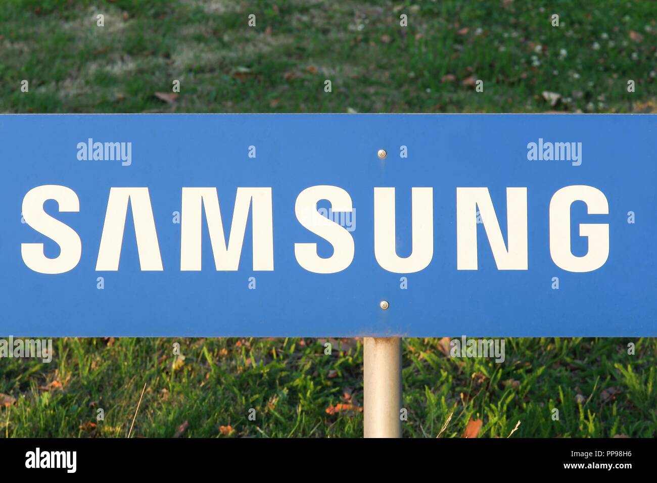 Dortmund, Germany - July 21, 2017:  Samsung sign on a panel. Samsung is a South Korean multinational conglomerate company Stock Photo