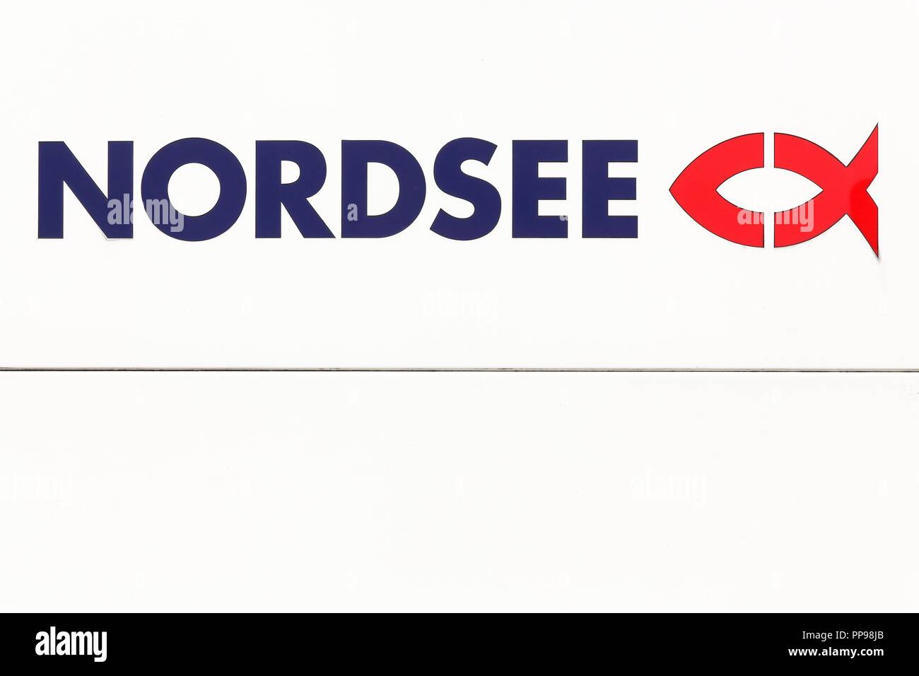 Osnabruck, Germany - July 22, 2018: Nordsee logo on a panel. Nordsee is a German fast-food restaurant chain specialising in seafood Stock Photo