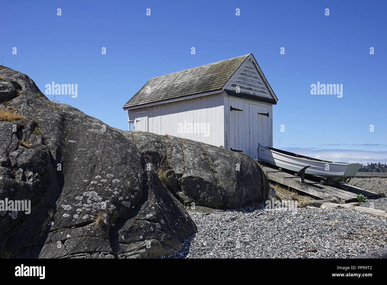 Boathouse at Fisgard Island near Victoria, Vancouver Island, Canada Stock Photo