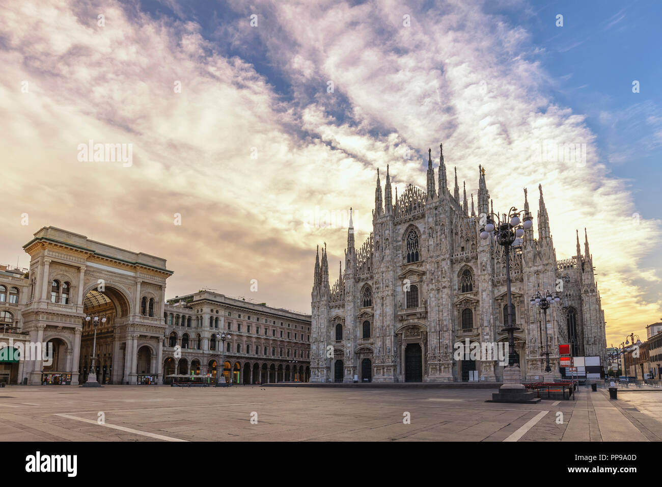 Milan Italy, sunrise city skyline at Milano Duomo Cathedral Stock Photo