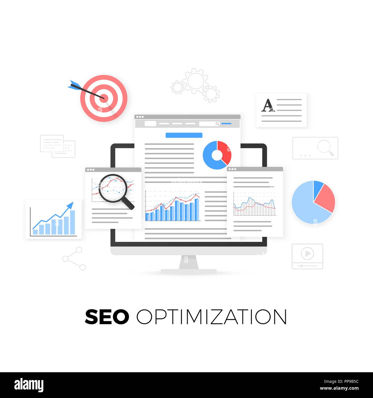 SEO optimization concept. Search engine optimization strategy. Data analytics. Content development and production. Vector illustration Stock Vector