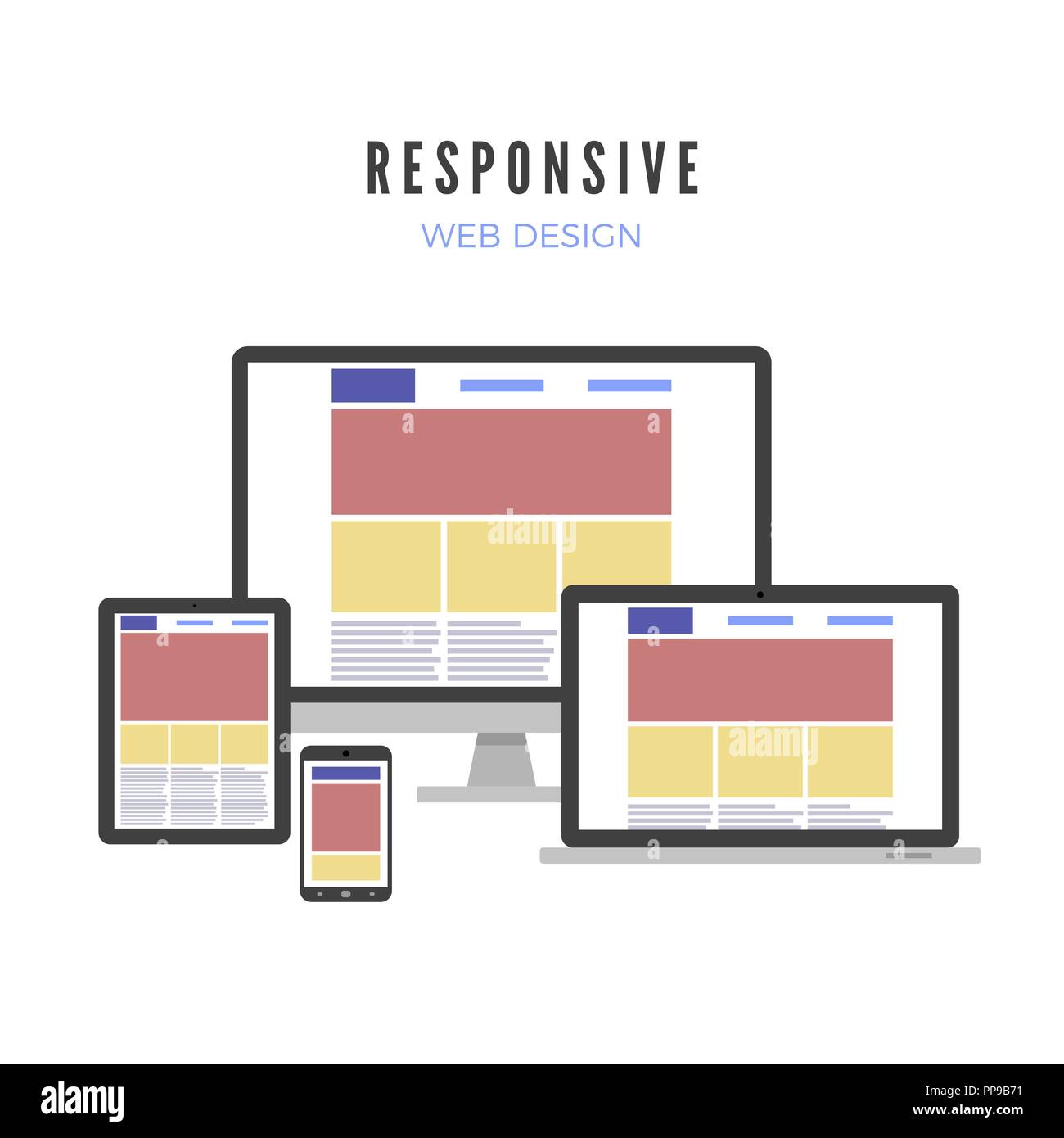 Responsive web design. Website template on different gadgets screen. Vector illustration Stock Vector