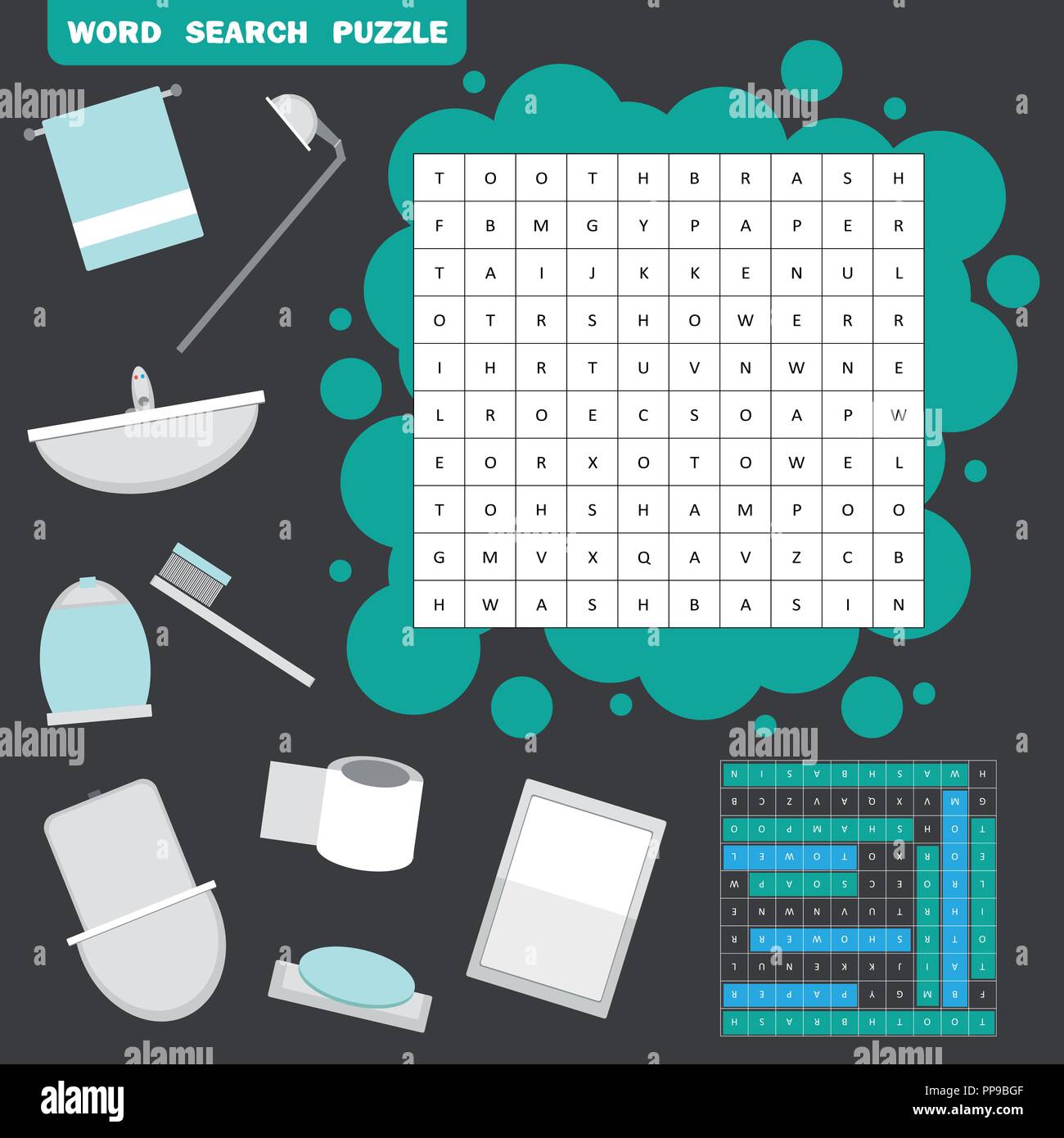 Vector colorless crossword, education game for children about bathroom