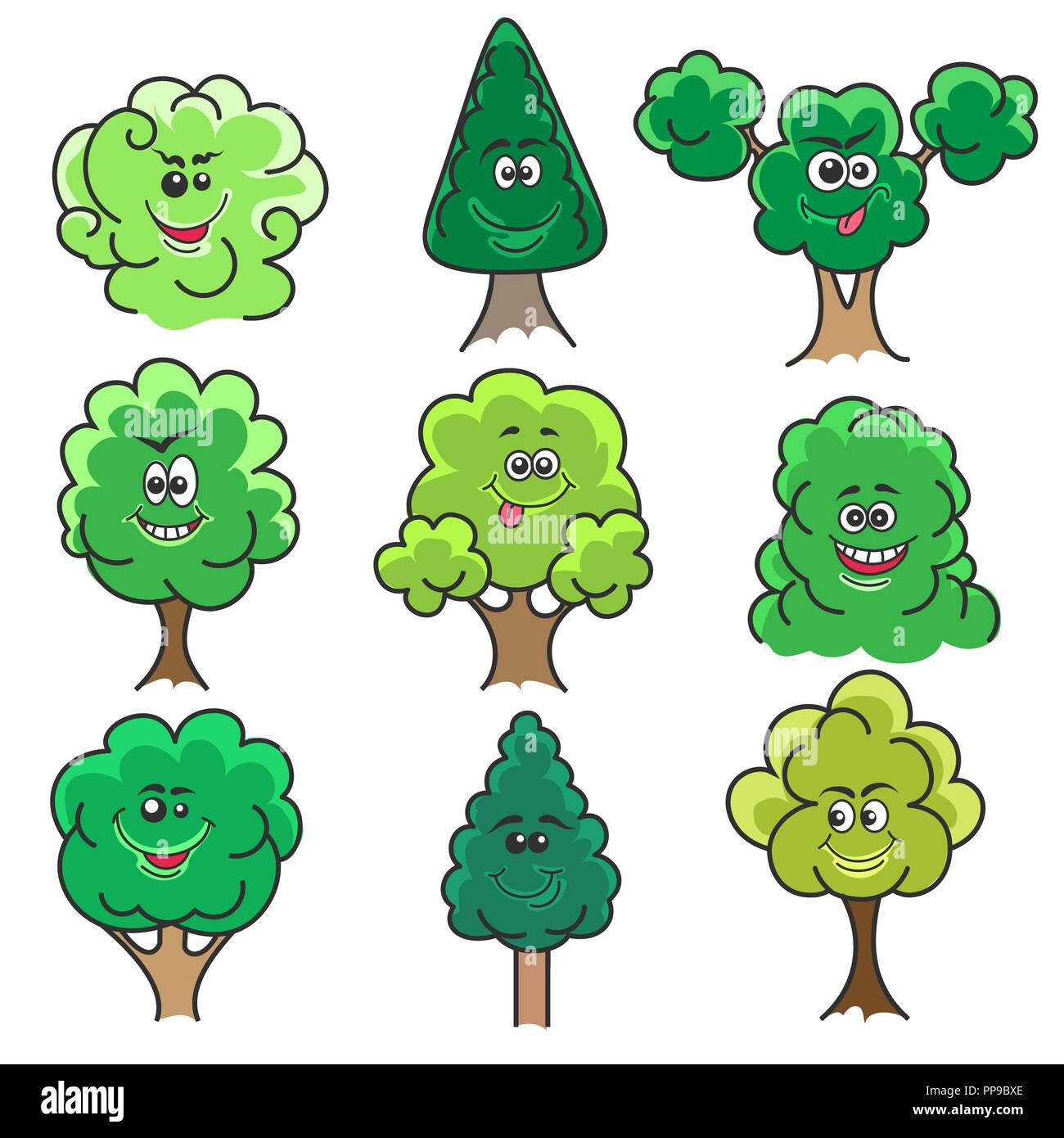 Kawaii trees. Sketch cartoon tree set with cute smiles vector illustration  isolated on white background Stock Vector Image & Art - Alamy