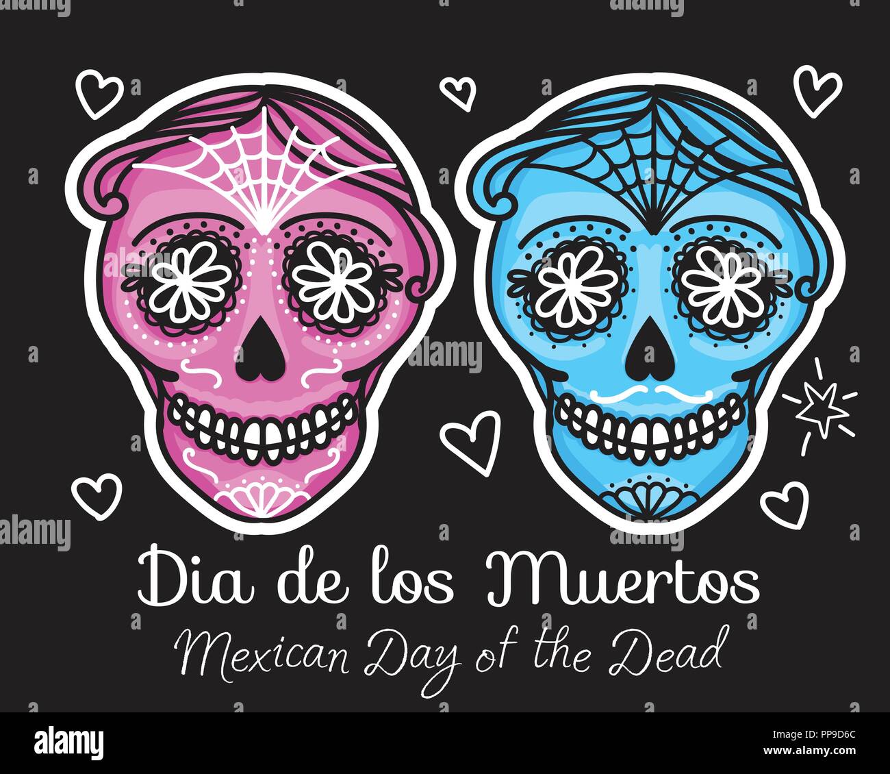 Calavera sign Dia de los muertos. Mexican Day of the dead. Vector hand darwing illustration woman and man sticker Stock Vector