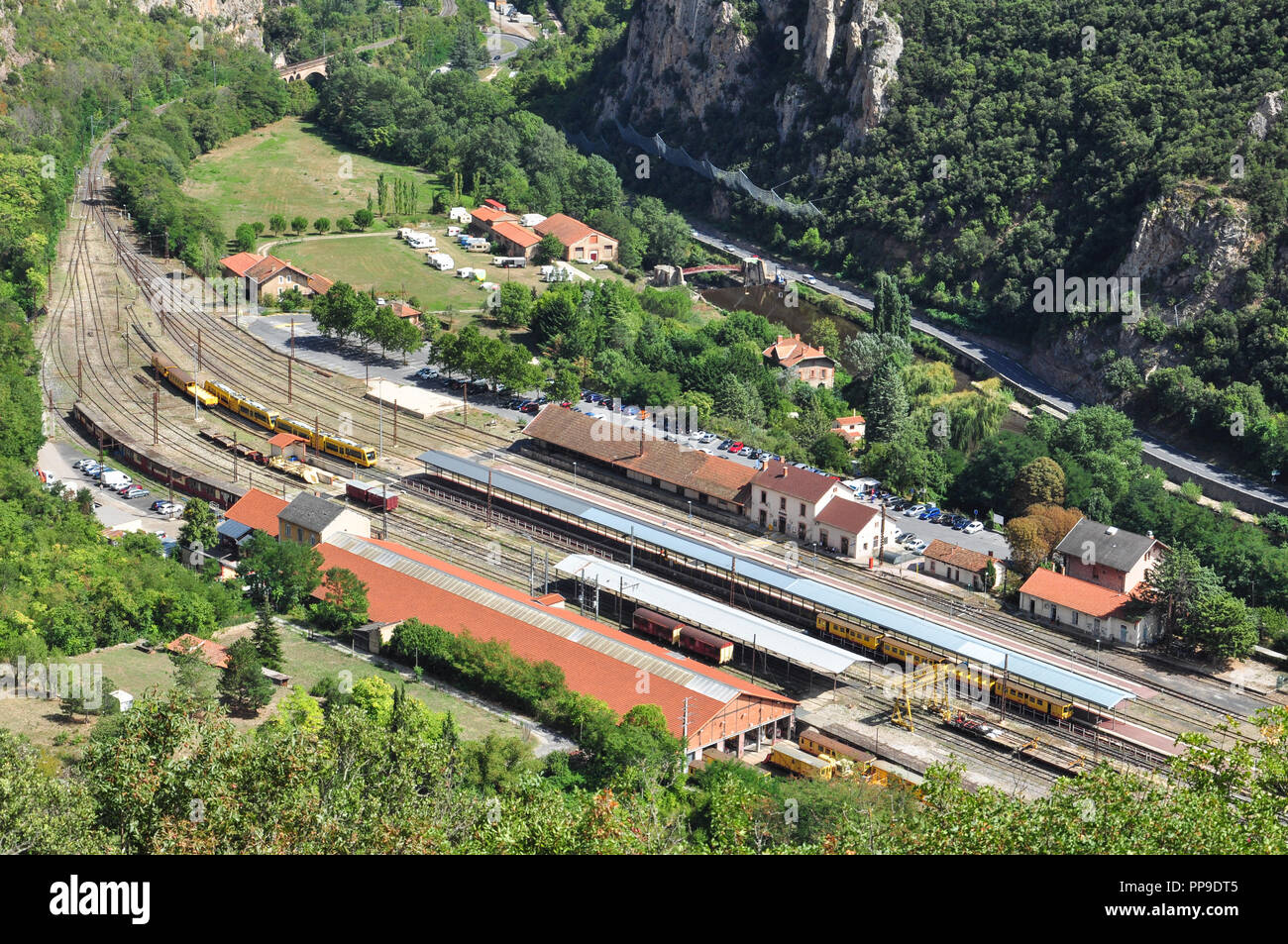 Railway station at Villefranche-de-Conflent, Pyrenees-Orientales, Occitanie, France Stock Photo