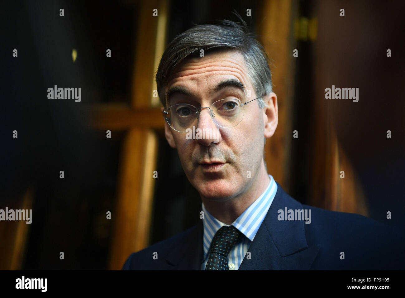 Jacob Rees-Mogg MP arrives at the launch of the Institute of Economic Affairs Brexit research paper, in central London. Stock Photo