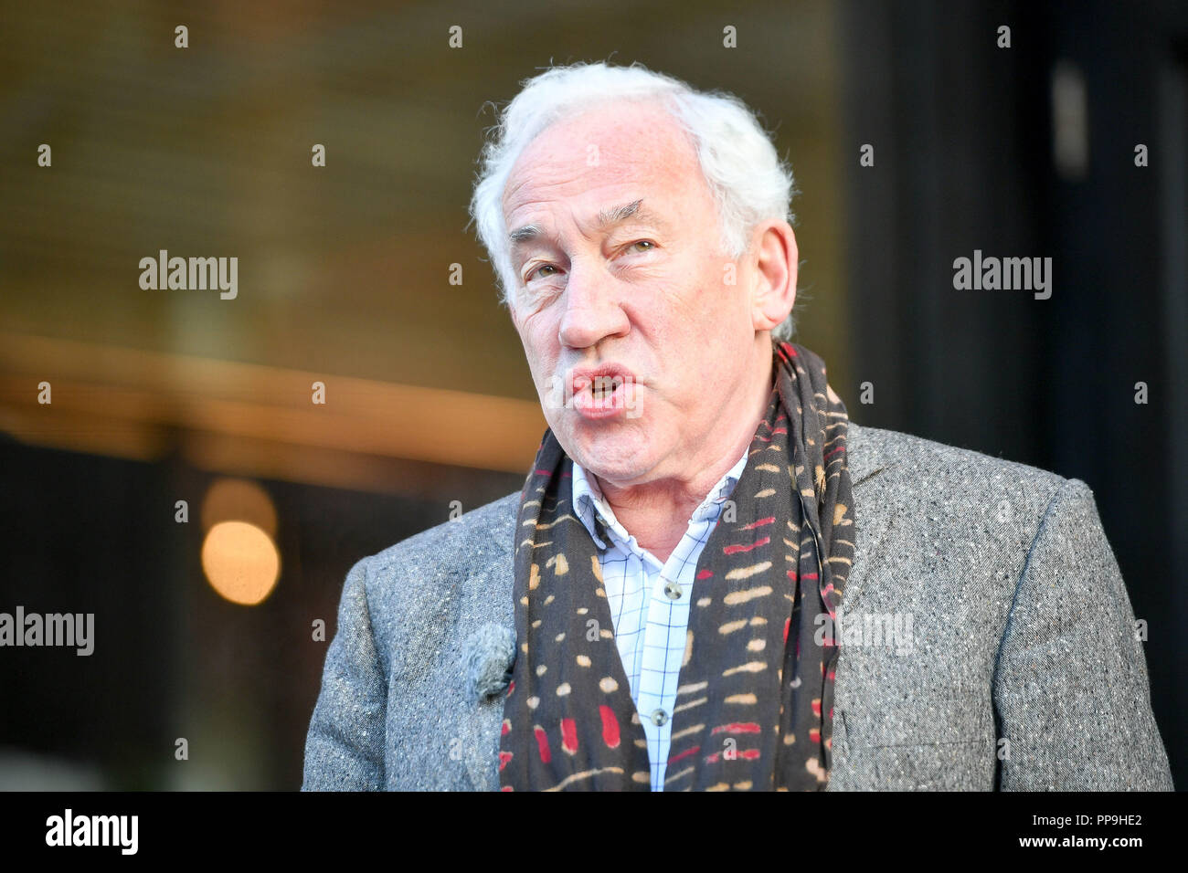 Actor Simon Callow speaking outside the Bristol Old Vic theatre before the oldest continuously working theatre in the English speaking world, built in 1766, reopens to the public after a &pound;26M renovation project. Stock Photo