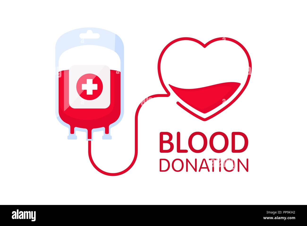 Donate blood concept with blood bag and heart. Blood donation vector illustration isolated on white background. World blood donor day - June 14. Stock Vector