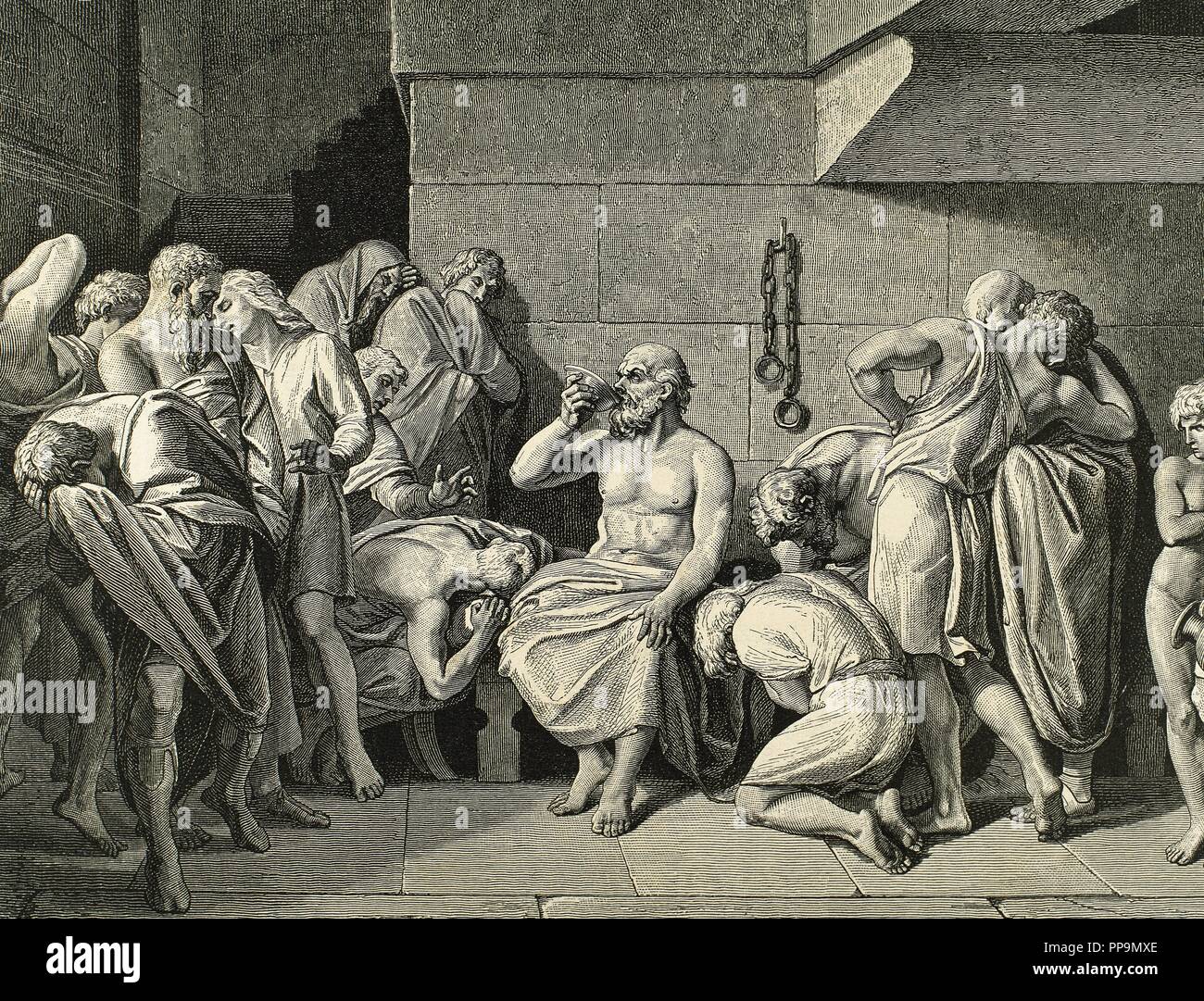 Socrates (c.469-399 BC). Classical Greek philosopher. The Death of Socrates. He was sentenced to die by drinking poison hemlock. Engraving. 19th century. Stock Photo